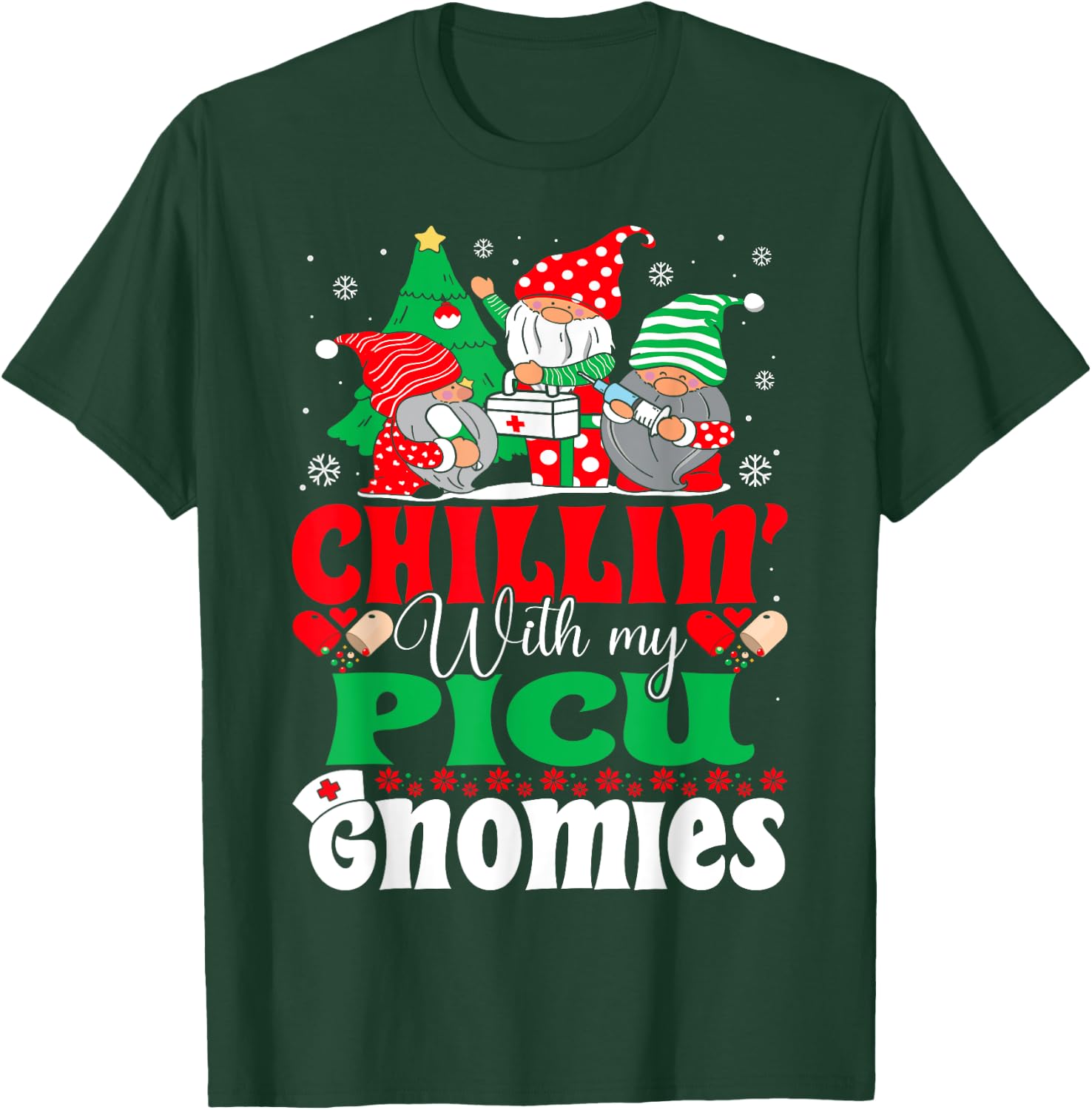 PICU Nurse Gnomes Pediatric Intensive Care Nurse Christmas T-Shirt - T-Shirt | Forest