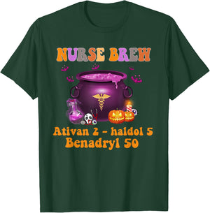 Halloween Witch Nurse Brew Ativan 2 Haldol 5 Benadryl 50 T-Shirt - T-Shirt | Forest