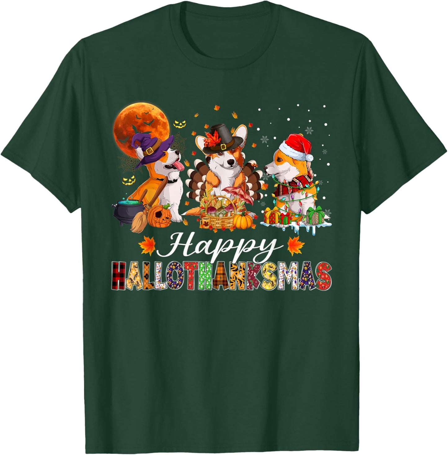 Corgi Dogs Halloween Thanksgiving Christmas Hallothanksmas T-Shirt - T-Shirt | Forest