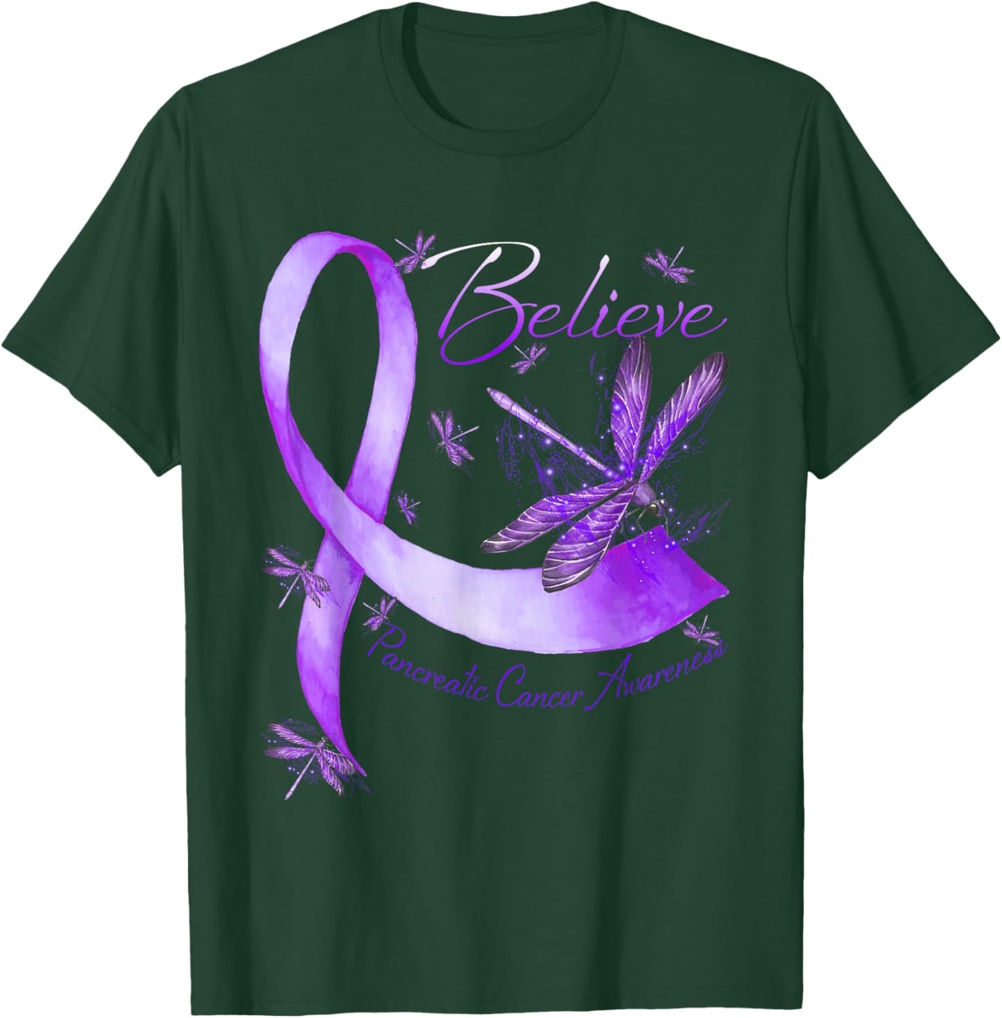 Believe Pancreatic Cancer Awareness Dragonfly Purple Ribbon T-Shirt - T-Shirt | Forest