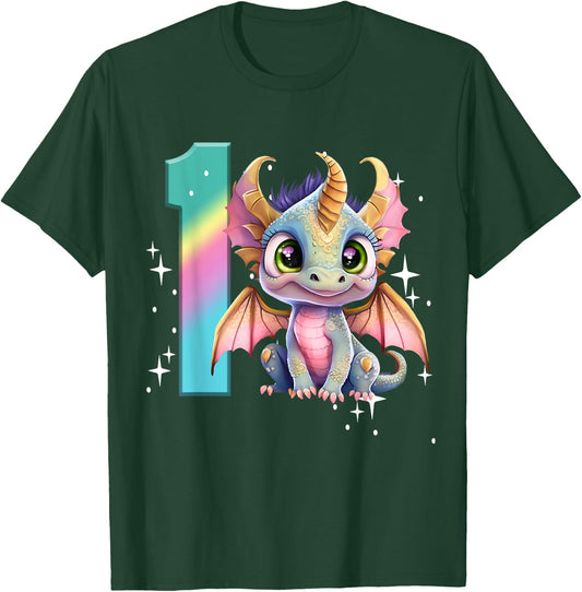 1st Birthday Shirt Dragon Party Baby Girl One First Rainbow T-Shirt - T-Shirt | Forest