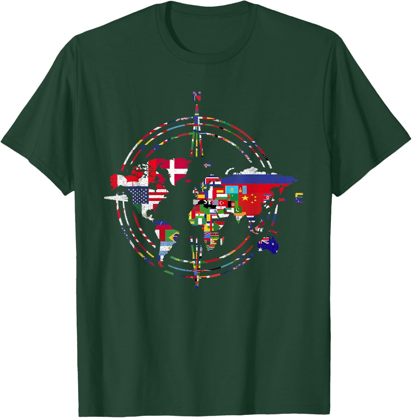 International Flags Compass World Travel World Map T-Shirt - T-Shirt | Forest