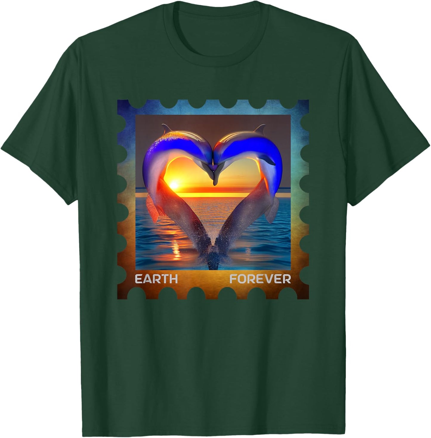 EARTH FOREVER Postage Stamp Ocean Sunset Heart Cute Dolphins T-Shirt - T-Shirt | Forest