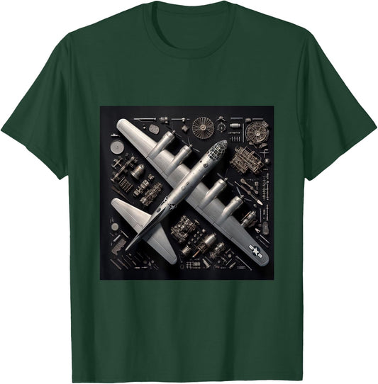 WW2 Warplane B-29 Superfortress Assembly Parts Blueprint T-Shirt - T-Shirt | Forest