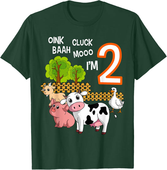 Oink Cluck Baah Mooo I'm 2 Farm Animal 2nd Birthday Party T-Shirt - T-Shirt | Forest