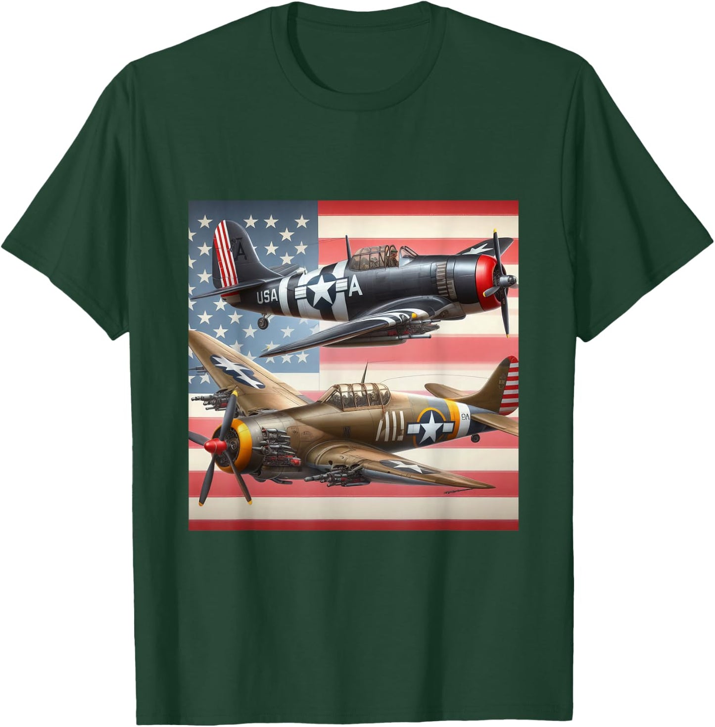 WW2 Airplanes American US Flag T-Shirt - T-Shirt | Forest