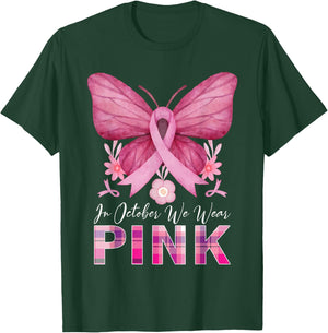 In October We Wear Pink Butterfly Breast Cancer Awareness T-Shirt - T-Shirt | Forest
