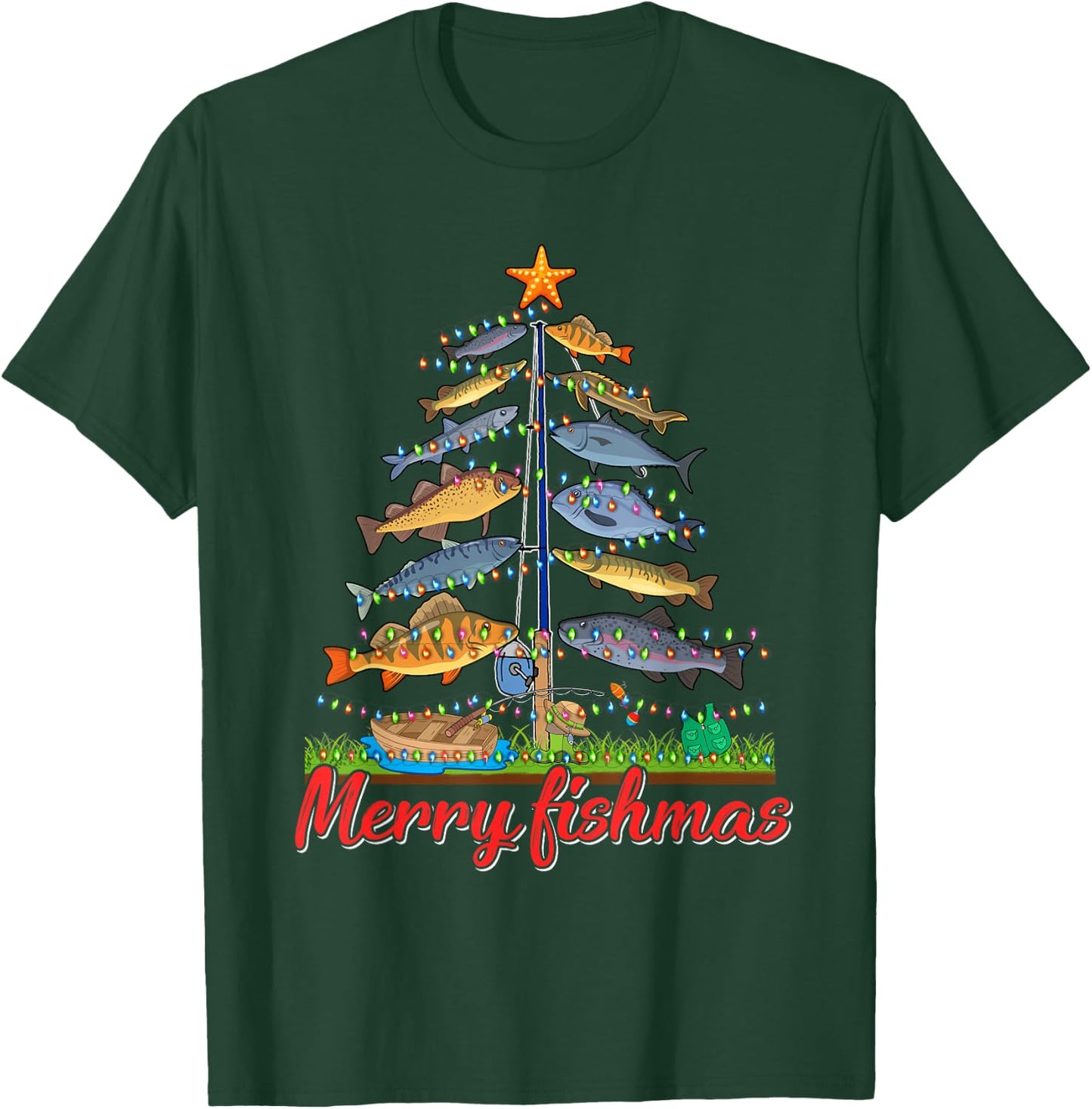Merry Fishmas Funny Fisher Christmas Tree Fishing Pajama T-Shirt - T-Shirt | Forest