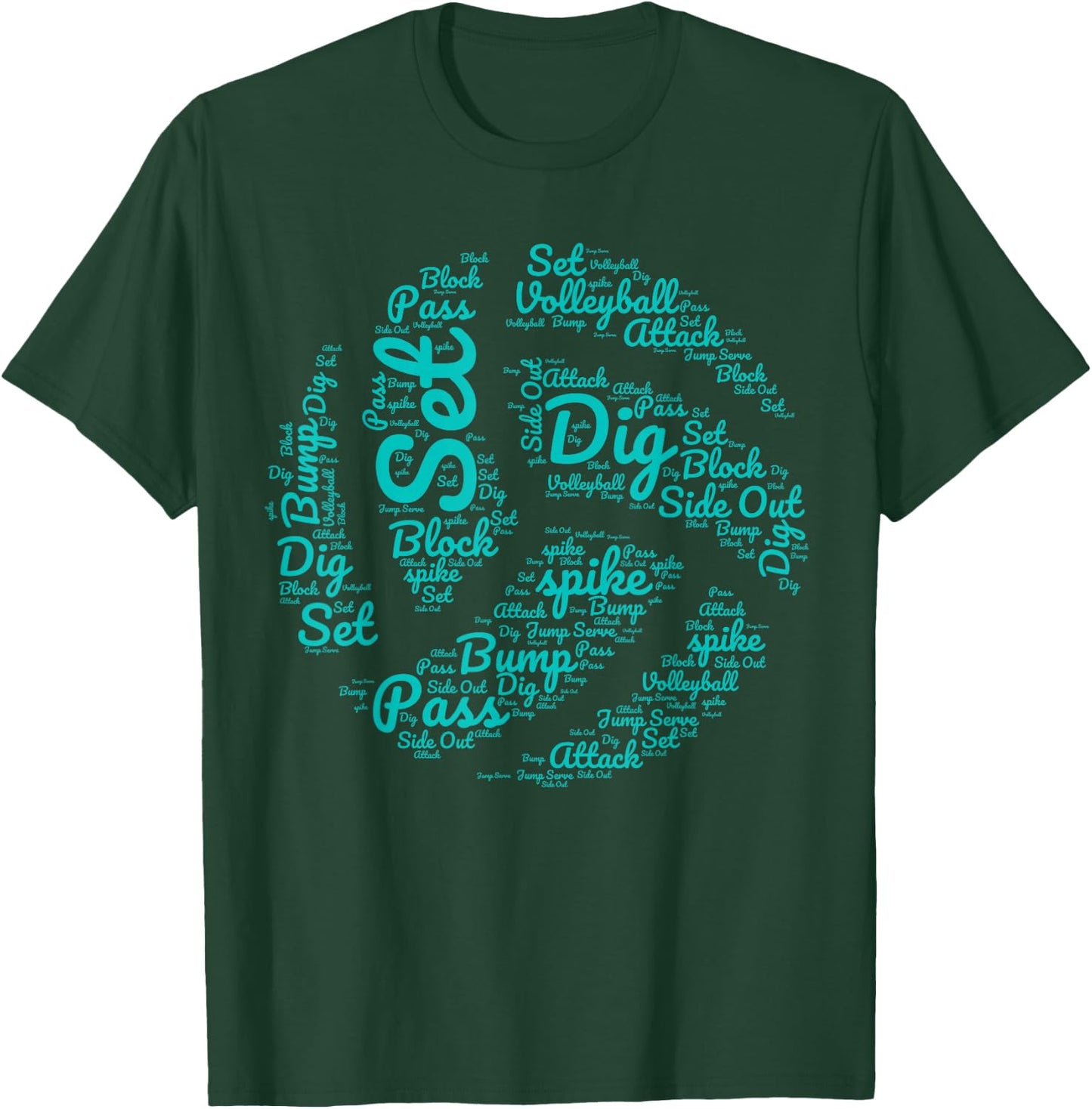 Volleyball Words Spike Dig Set Blue Teal Ball Design T-Shirt - T-Shirt | Forest