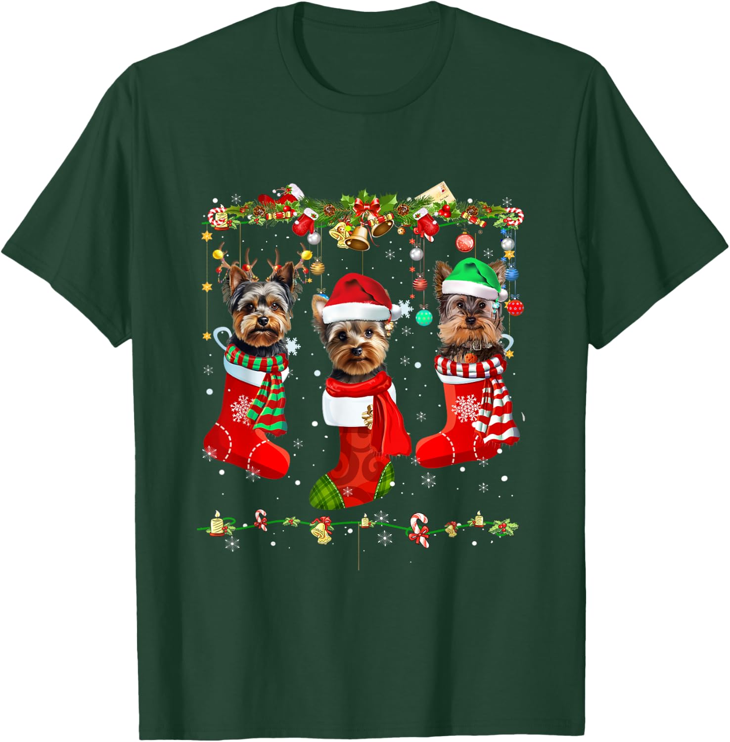 Yorkie Christmas Shirt Stocking Dog Lover Xmas Men Women Kids T-Shirt - T-Shirt | Forest