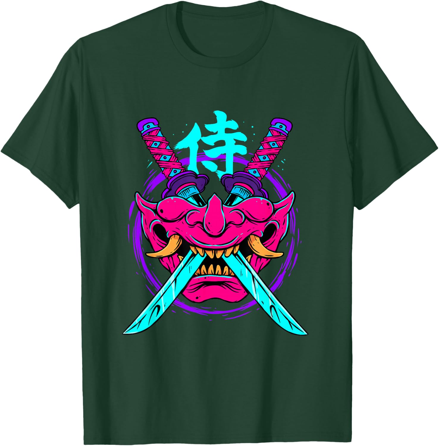 Vaporwave Aesthetic Japanese Samurai Mask Oni Kanji Bushido T-Shirt - T-Shirt | Forest