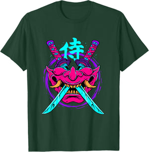 Vaporwave Aesthetic Japanese Samurai Mask Oni Kanji Bushido T-Shirt - T-Shirt | Forest