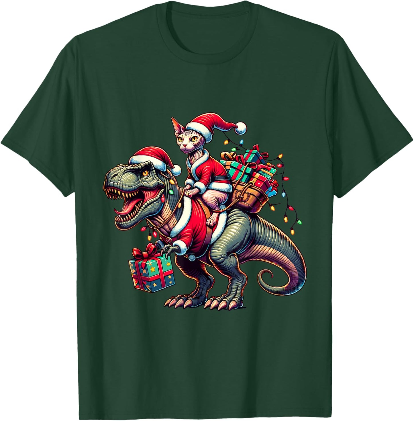 Adorable Sphynx Cat Rides Christmas T-Rex Santa for Sphynx T-Shirt - T-Shirt | Forest