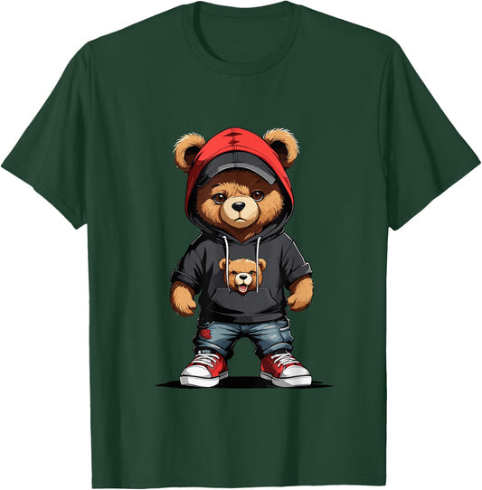 Teddy Bear Red Cap Gangster in Hip Hop Street Clothes T-Shirt - T-Shirt | Forest