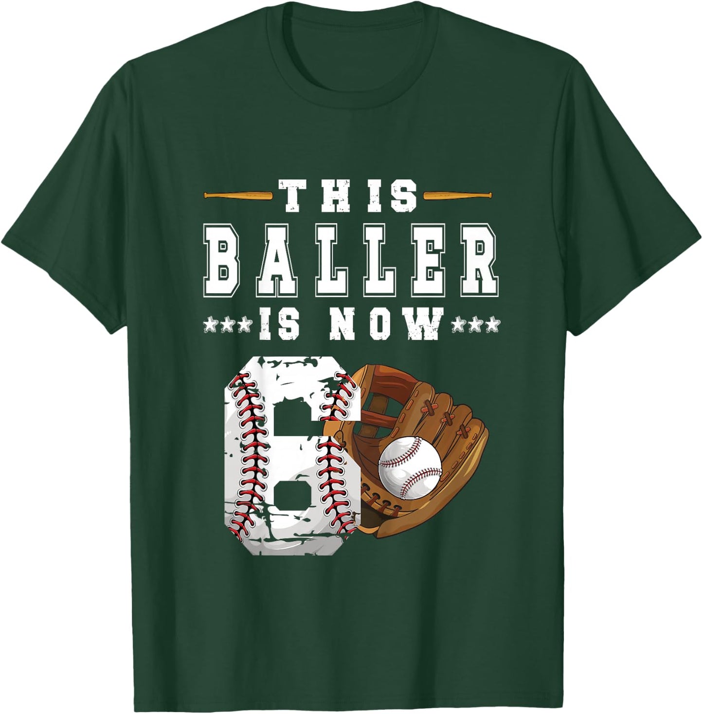 Kids 6th Birthday Baseball Boy Six Year Old Baseball Player T-Shirt - T-Shirt | Forest