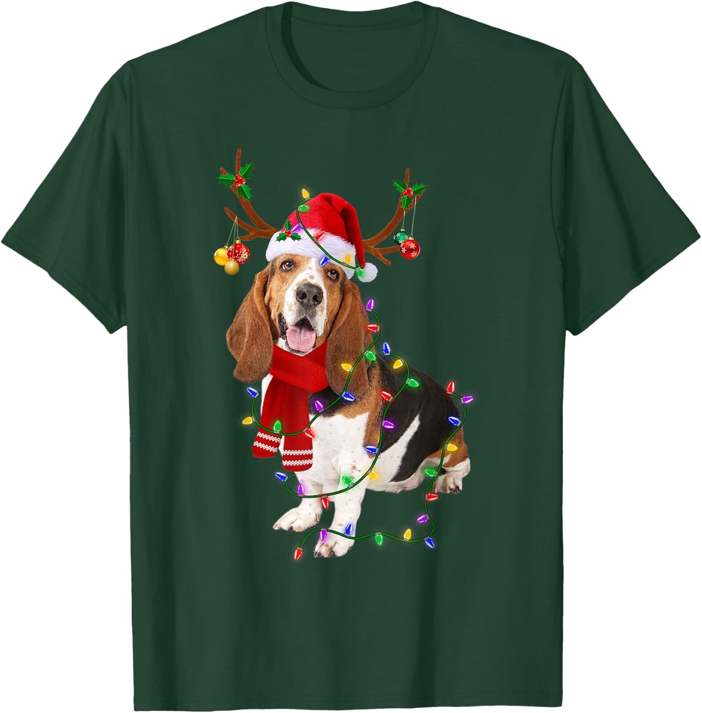 Funny Basset Hound Dog Tree Christmas Lights Xmas Pajama Men Women Kids T-Shirt - T-Shirt | Forest
