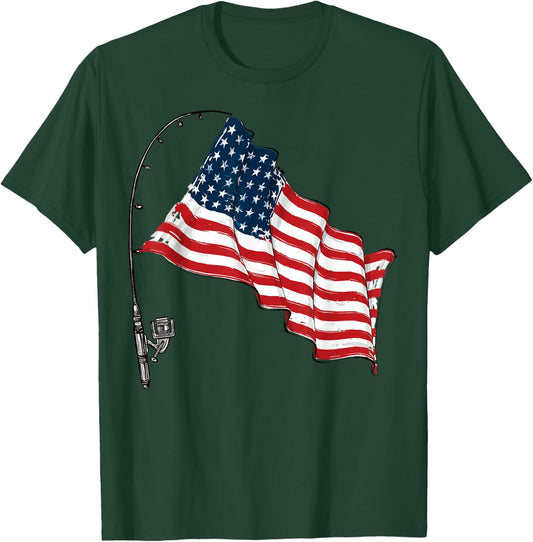 Vintage American Flag Fishing Rod Fishing Lover Fisherman T-Shirt - T-Shirt | Forest