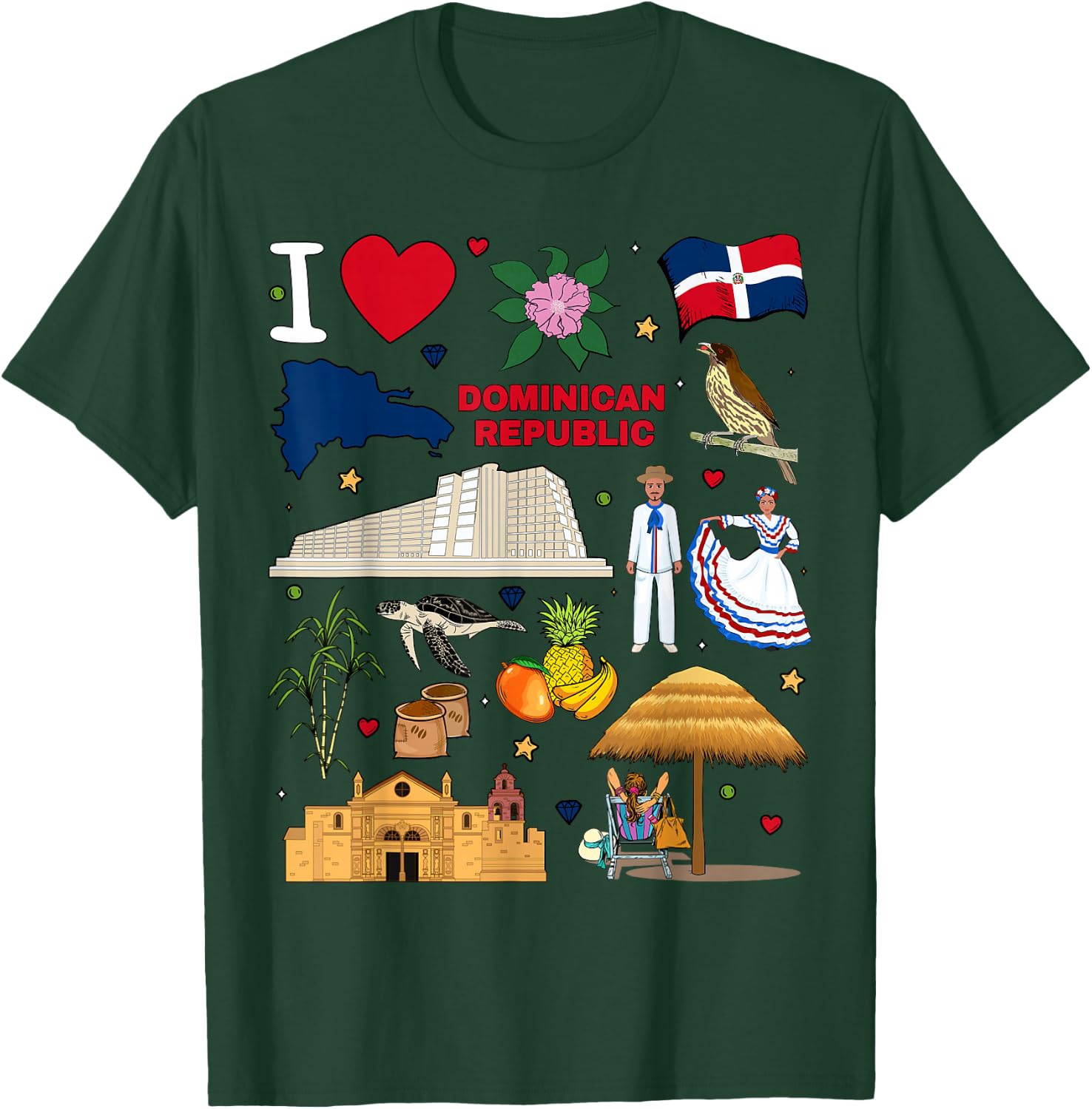 I Love Dominican Republic. Hand Drawn Landmarks, Flag, map T-Shirt - T-Shirt | Forest