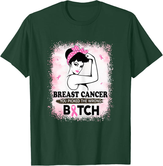 Breast Cancer You Picked The Wrong Bitch Ribbon Bleached T-Shirt - T-Shirt | Forest