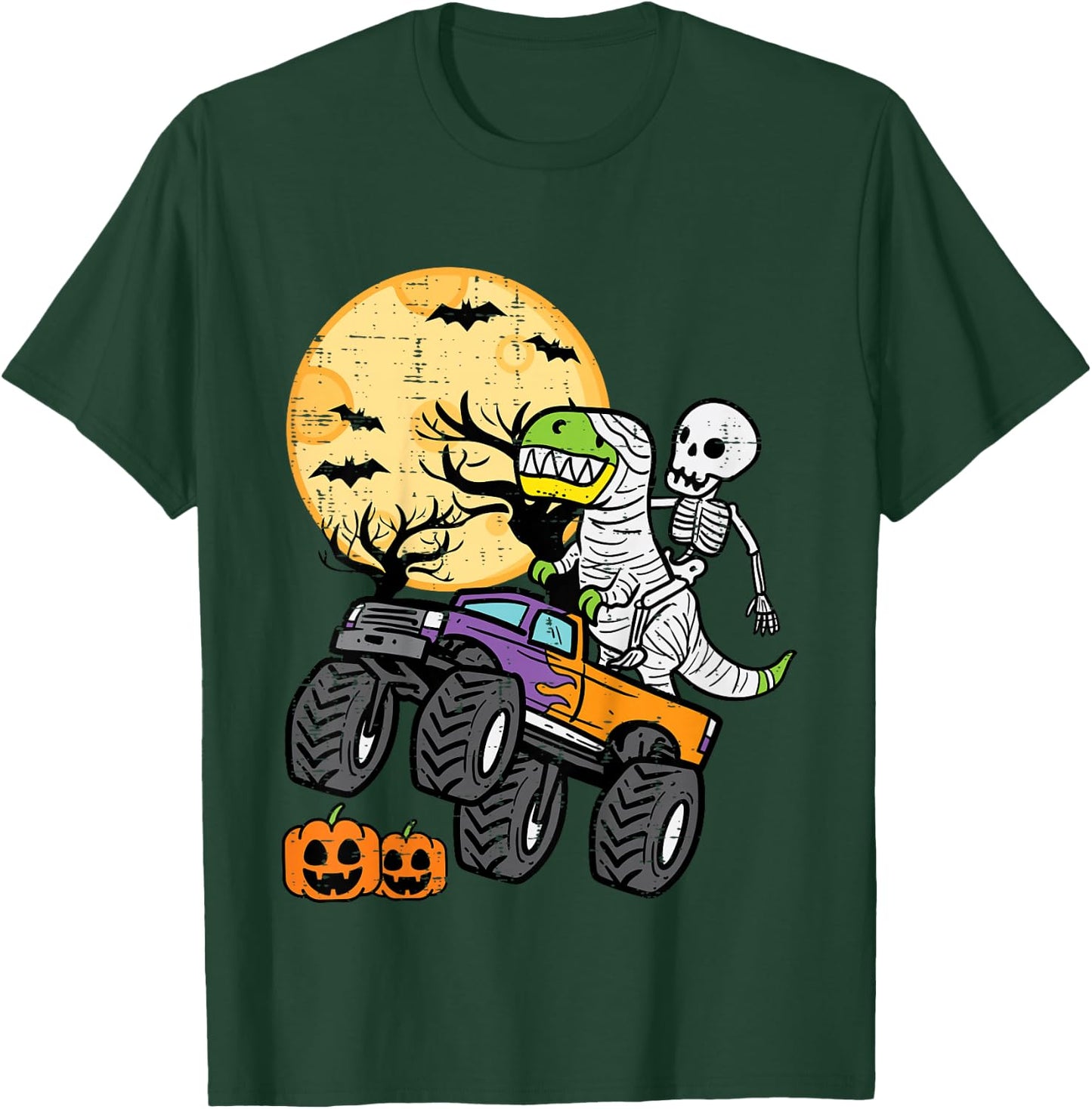 Kids Skeleton Dino Monster Truck Halloween Costume Toddler Boys T-Shirt - T-Shirt | Forest