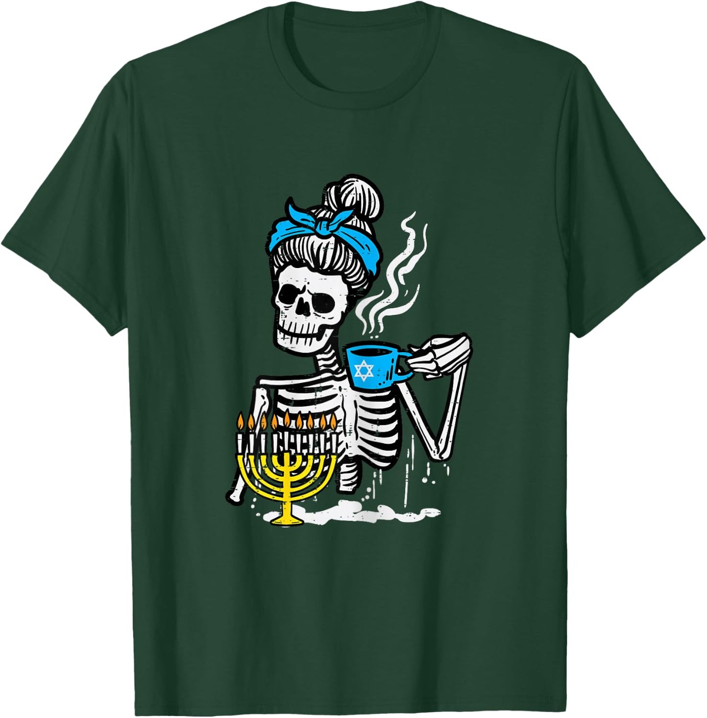 Hanukkah Skeleton Messy Bun Coffee Chanukah Women Girls Kids T-Shirt - T-Shirt | Forest