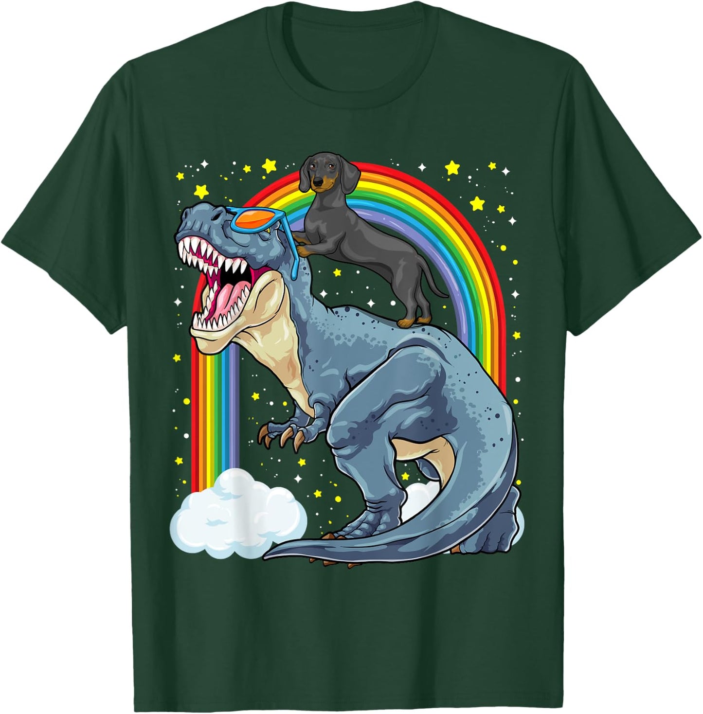 Dachshund Riding Dinosaur T-Rex Dog Rainbow Dino Funny T-Shirt - T-Shirt | Forest