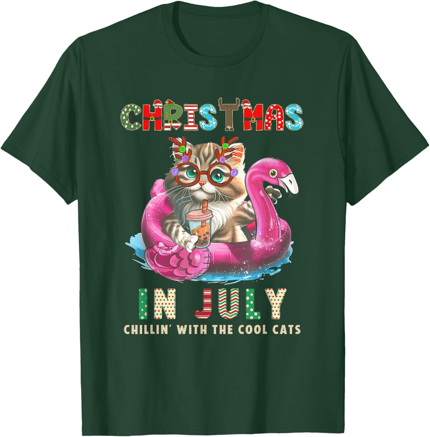 Christmas In July Chillin Cats Flamingo Float Meowy Xmas T-Shirt - T-Shirt | Forest