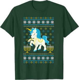 Ugly Hanukkah Sweater Unicorn Jewish Star Christmas Menorah T-Shirt - T-Shirt | Forest