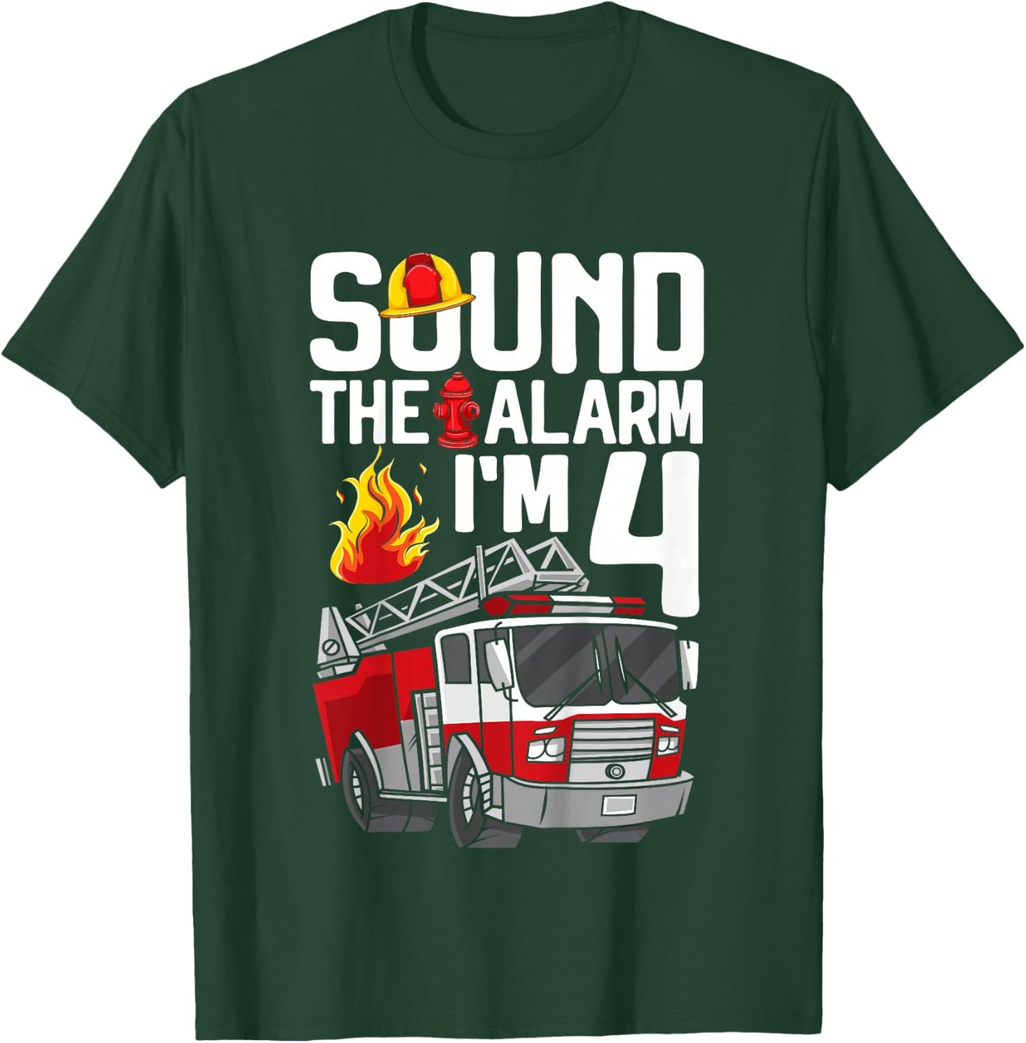 Kids 4 Year Old Firefighter 4th Birthday Boy Fire Truck 4yr T-Shirt - T-Shirt | Forest