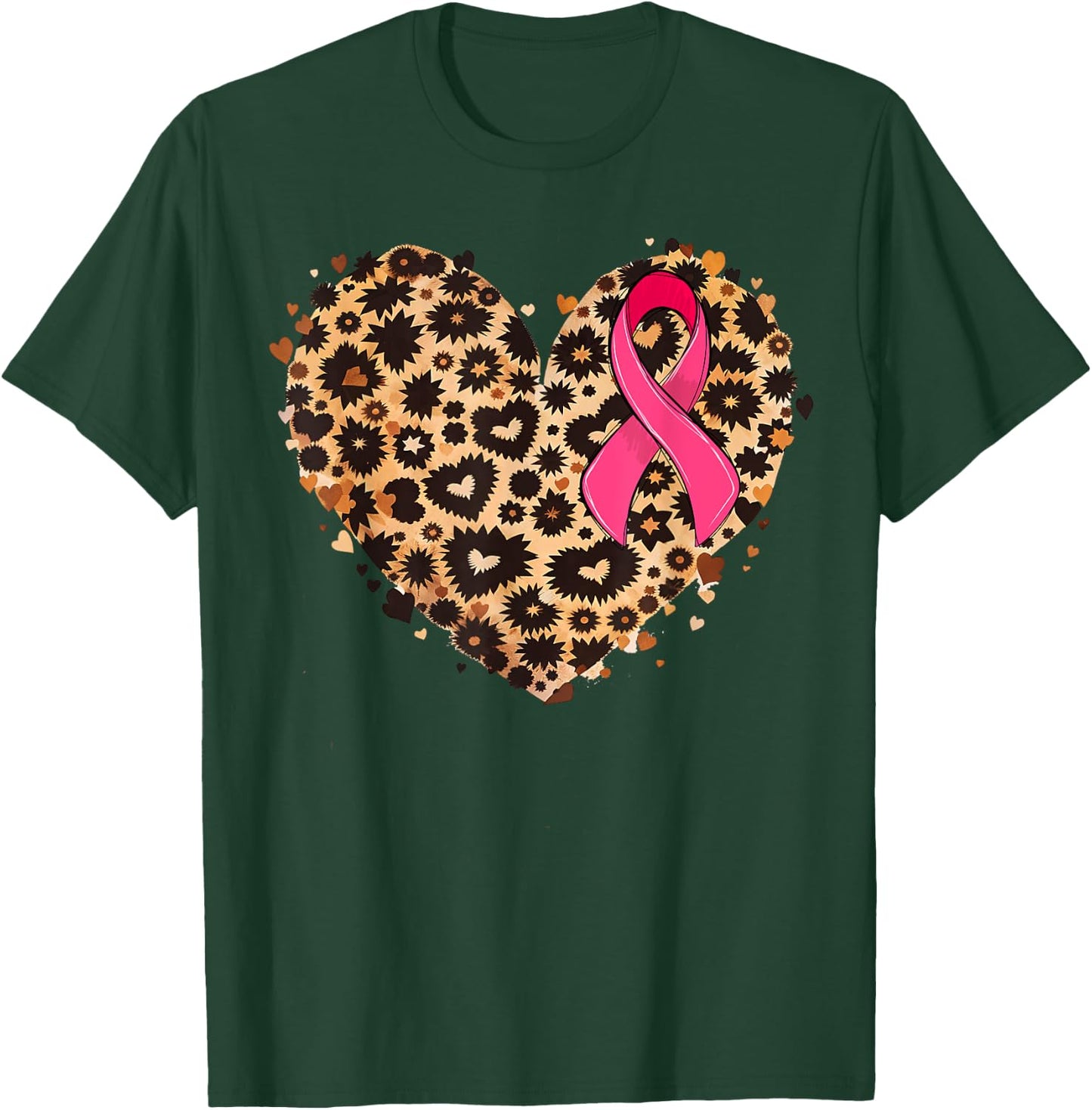 Breast cancer Pink ribbon Cheetah Leopard Heart Print T-Shirt - T-Shirt | Forest