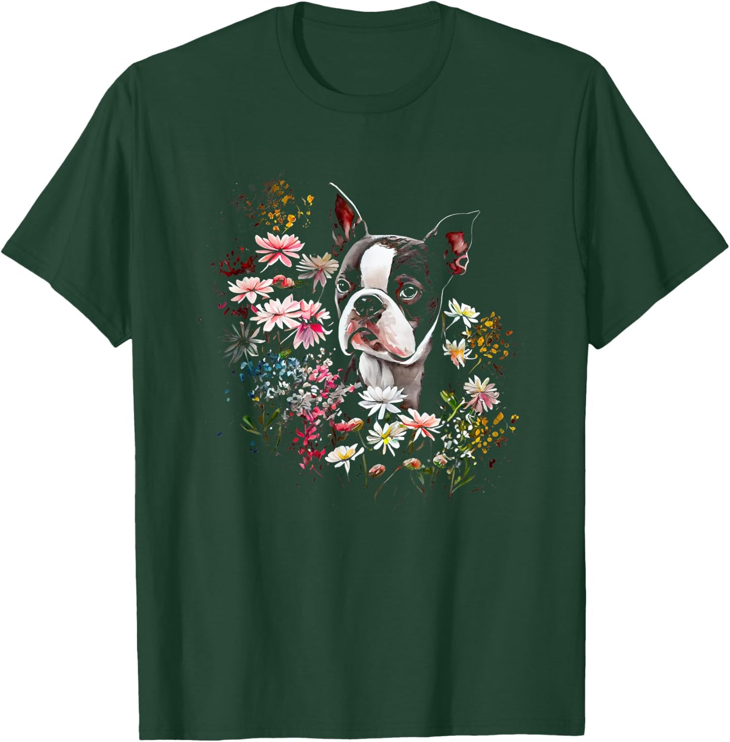 Watercolor Boston Terrier with flowers - Bostie T-Shirt - T-Shirt | Forest