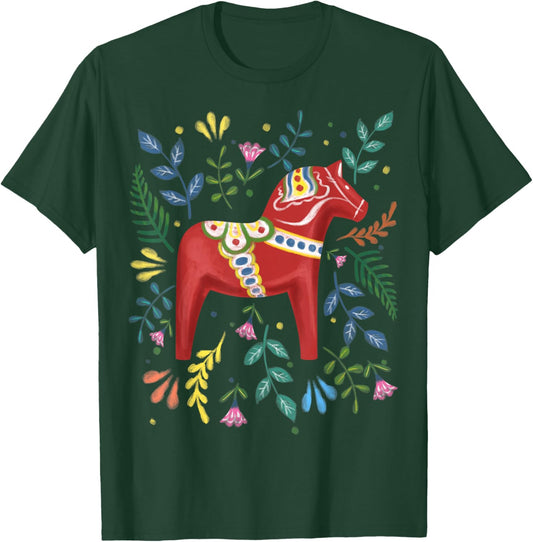Swedish Dala Horse Folk Art Sweden Flag Dalahelmsoljd T-Shirt - T-Shirt | Forest