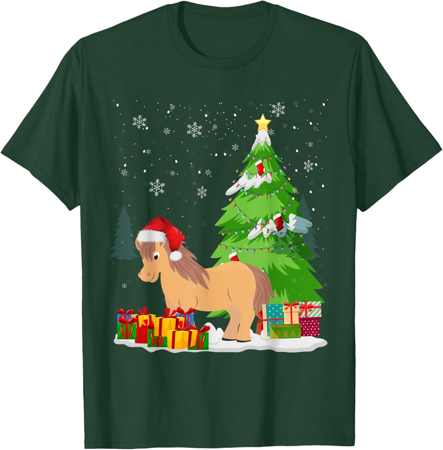 Funny Christmas Miniature Horse Santa Hat Matching Family T-Shirt - T-Shirt | Forest
