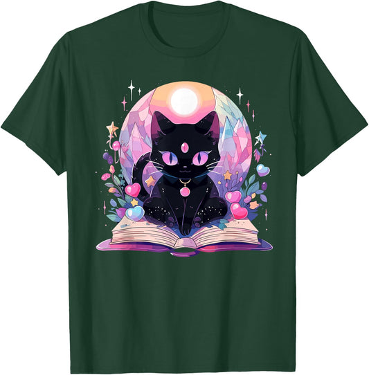 Book Lover Crystal Witchy Cute Black Cat Kawaii Pastel Goth T-Shirt - T-Shirt | Forest