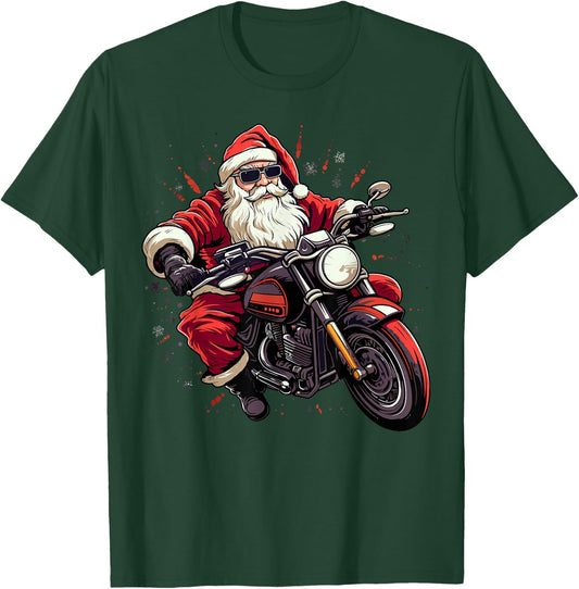 Motorcycle Santa Christmas Rider Xmas T-Shirt - T-Shirt | Forest