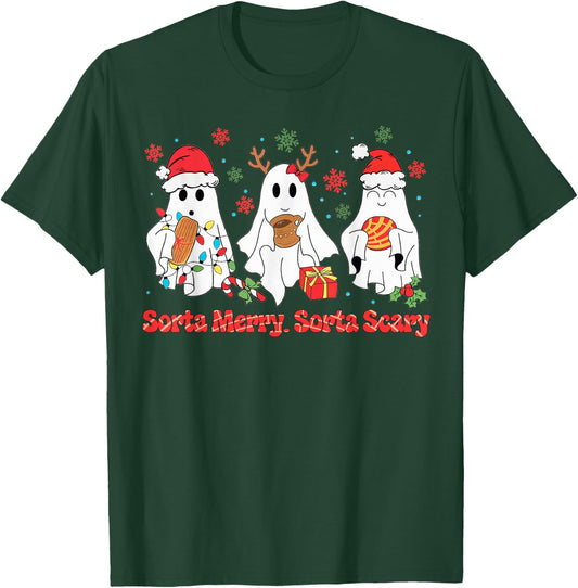 Funny Christmas Sorta Merry Sorta Scary Ghost Xmas Lights PJ T-Shirt - T-Shirt | Forest