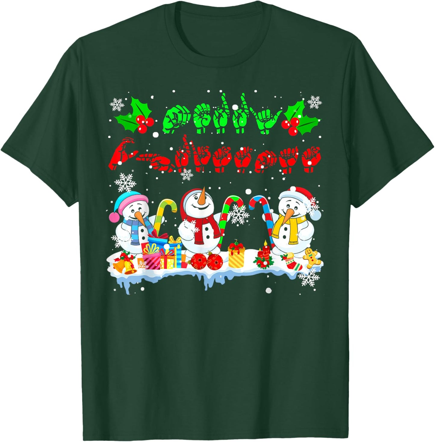 Merry Christmas Cute Three Snowmans ASL Sign Language Family T-Shirt - T-Shirt | Forest