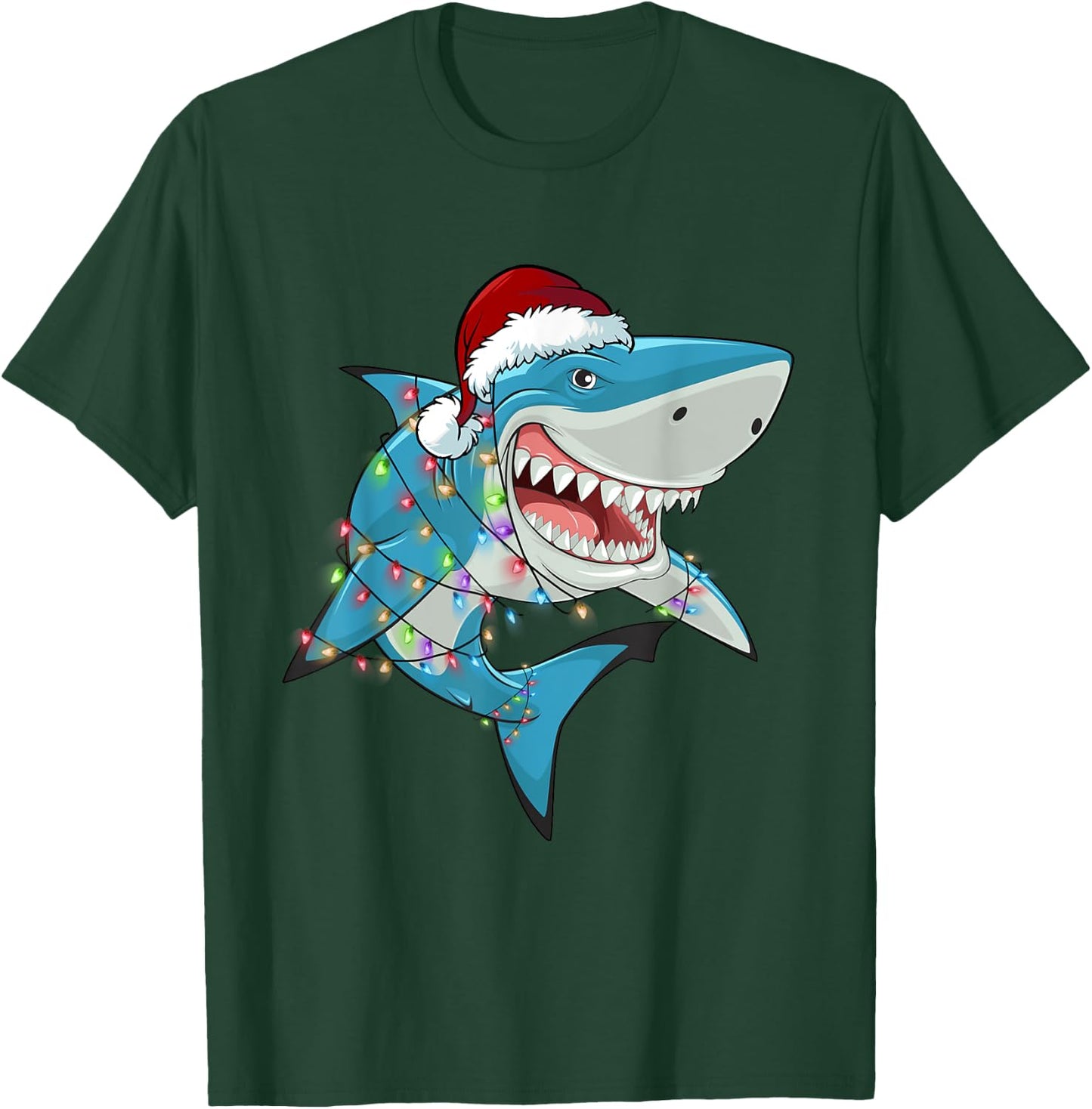 Shark Christmas Tree Lights Santa Hat Xmas Gifts Boys Kids T-Shirt - T-Shirt | Forest