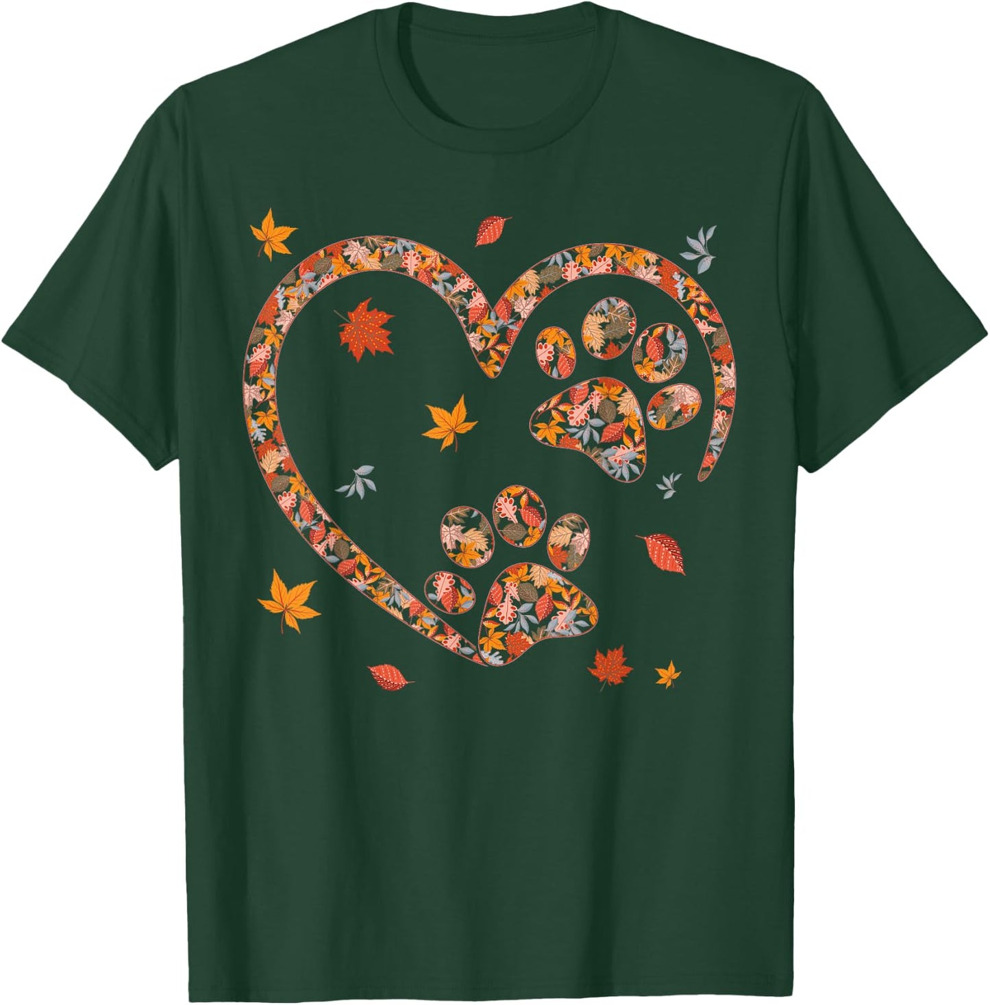 Funny Fall Leaf Cat Dog Print Autumn Vibes Thanksgiving Day Women Girls Kids T-Shirt - T-Shirt | Forest