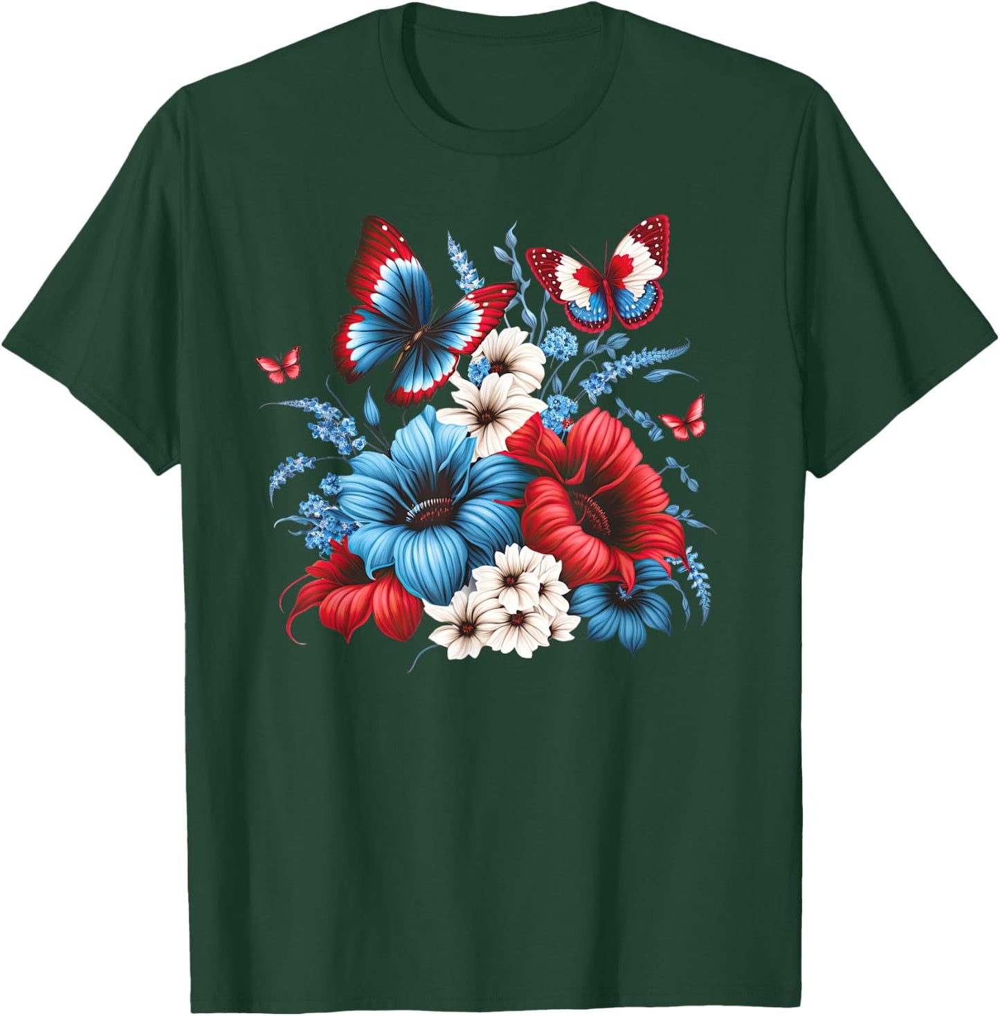 Butterfly Flowers - Red White and Blue 4th of July Patriotic T-Shirt - T-Shirt | Forest