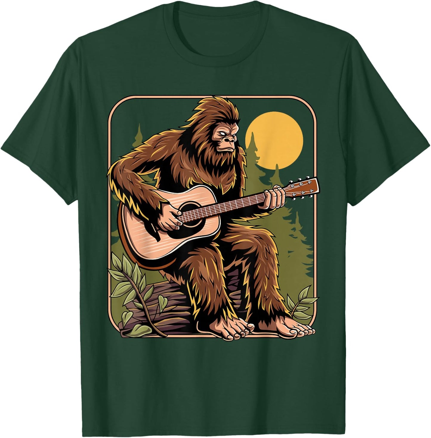 Retro Bigfoot Sasquatch Playing Acoustic Guitar Guitarist T-Shirt - T-Shirt | Forest