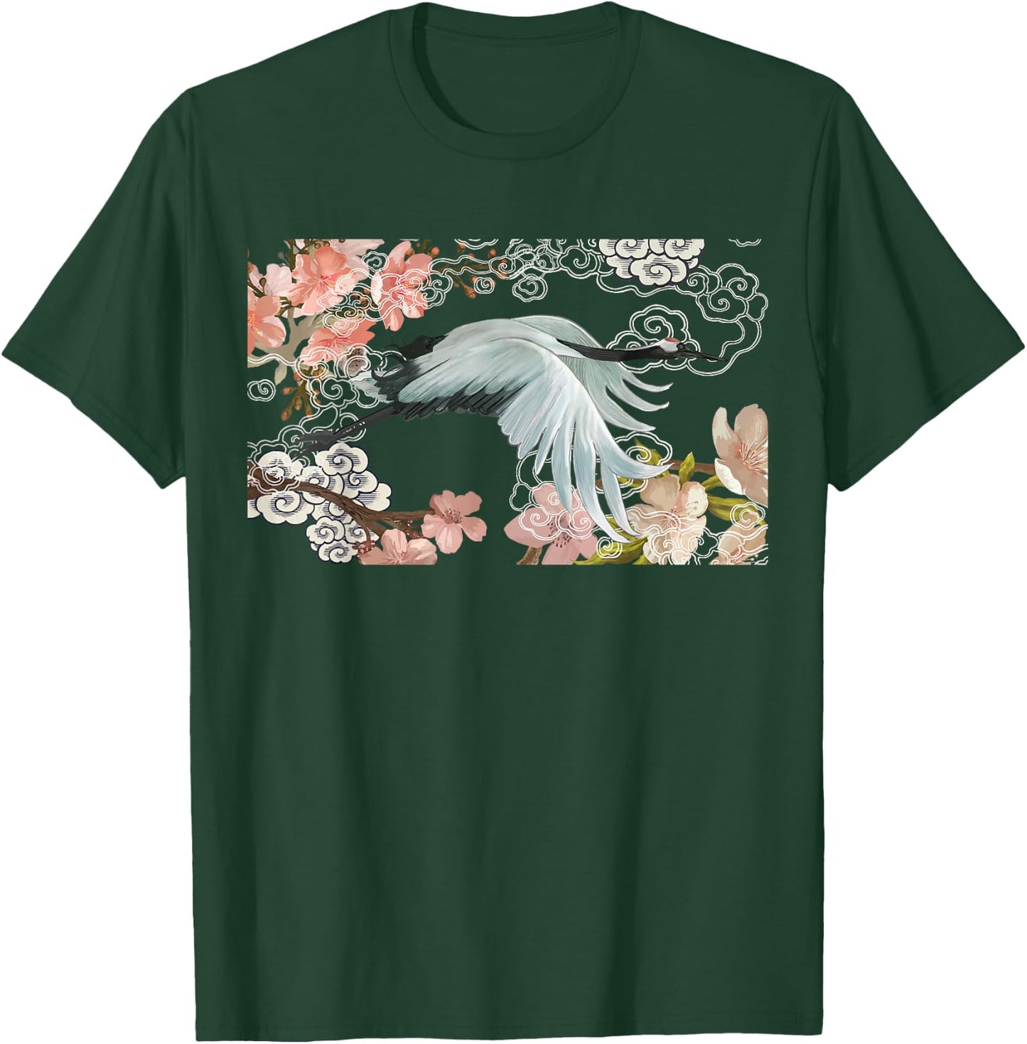 flying white Sandhill Crane Bird Japanese style art Lover T-Shirt - T-Shirt | Forest