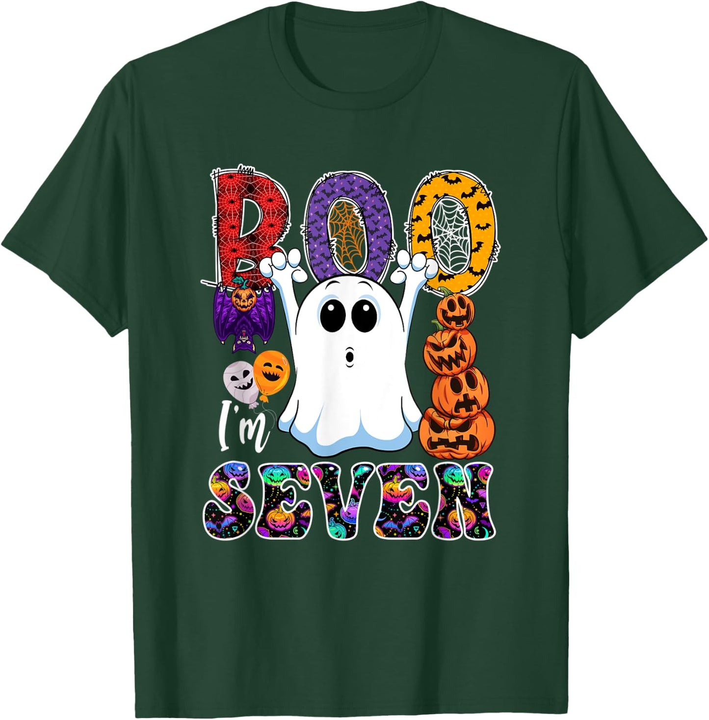 Boo I'm Seven Cute Boo Ghost Halloween 7th Birthday Family T-Shirt - T-Shirt | Forest