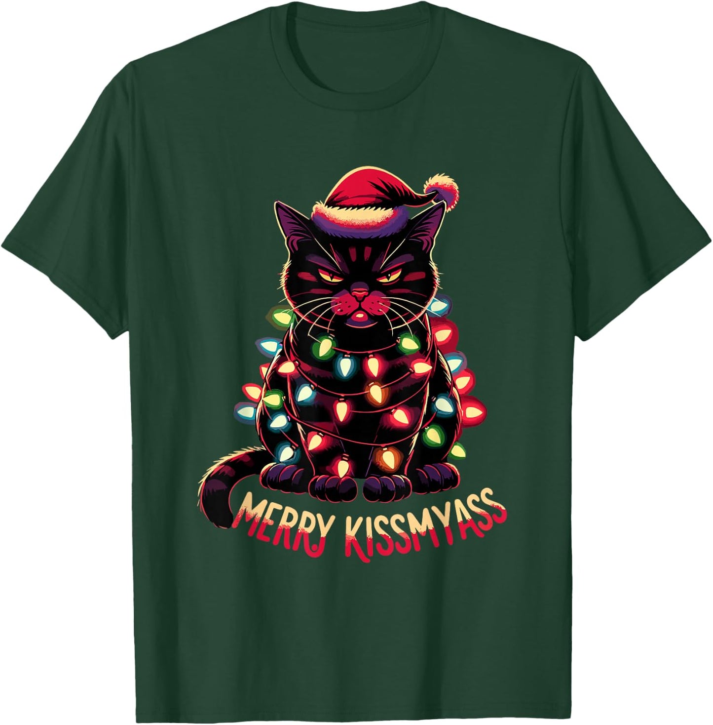 Merry Kissmyass Funny Black Cat Christmas Lights Santa Hat T-Shirt - T-Shirt | Forest