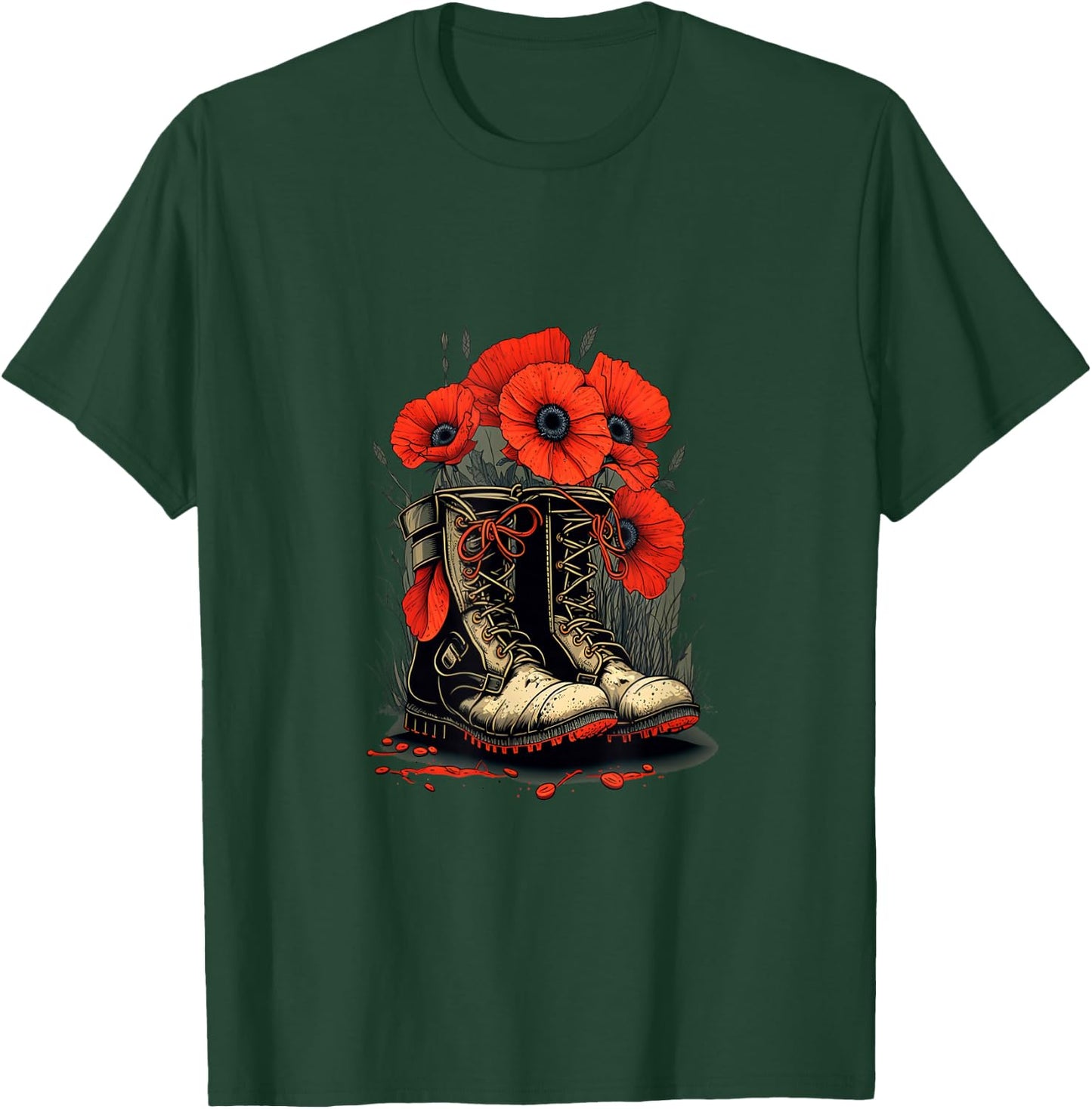 Memorial Day Red Poppy Flower Military Boots 4th of July T-Shirt - T-Shirt | Forest