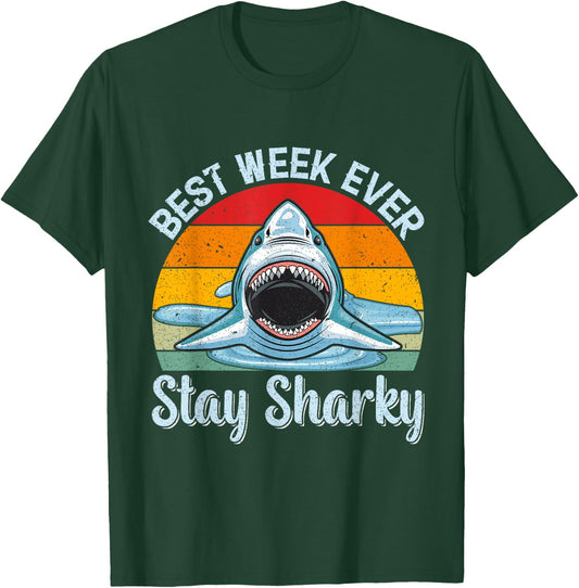 Best Week Stay Sharky Funny Shark Kids Men Women Vintage T-Shirt - T-Shirt | Forest