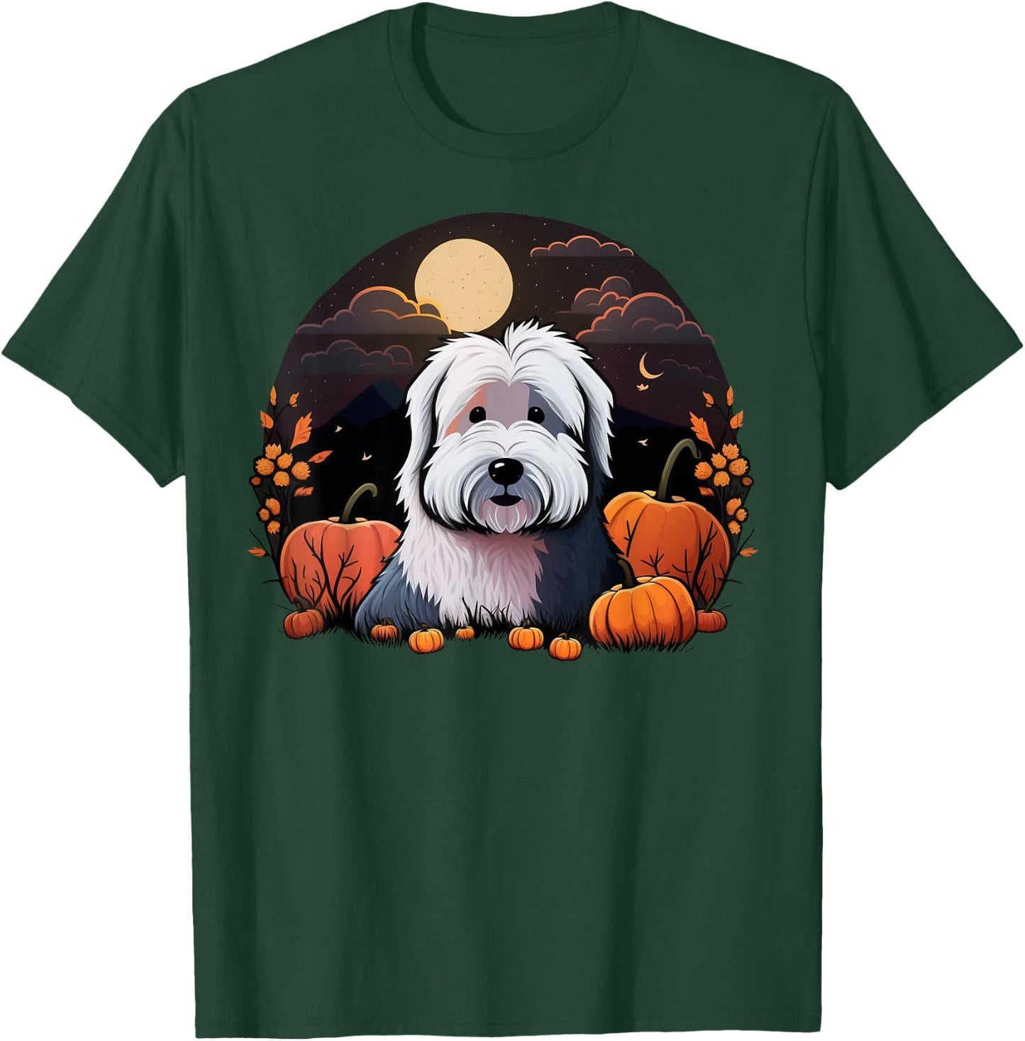 Pumpkin Bobtail costume on Old English Sheepdog Halloween T-Shirt - T-Shirt | Forest