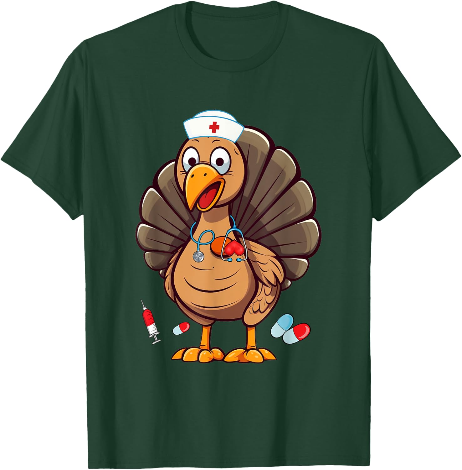 Turkey Nurse Stethoscope Thanksgiving Fall Scrub Top Women T-Shirt - T-Shirt | Forest