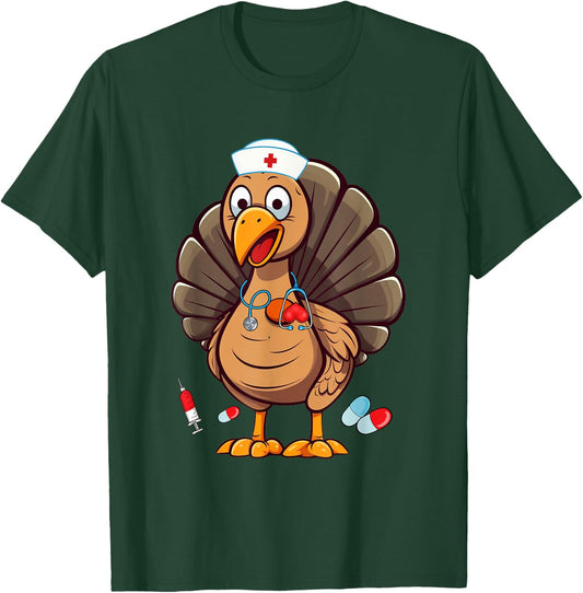 Turkey Nurse Stethoscope Thanksgiving Fall Scrub Top Women T-Shirt - T-Shirt | Forest
