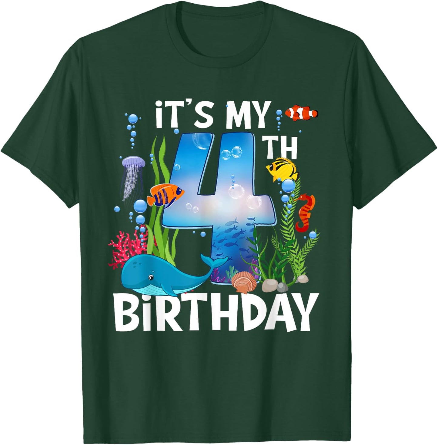 Kids 4 Year Old Ocean Life Whale Dolphin Shark 4th Birthday T-Shirt - T-Shirt | Forest
